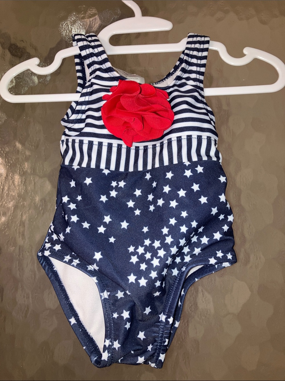 3/$15 Baby 0-6M Red White BlueStars & Stripes One-Piece Swimsuit with Red Flower